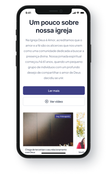 Captura do aplicativo Deus é Amor no celular, com notificações de grupo e eventos